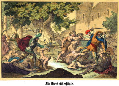 нарисован замес четырех братьев с пруссами, на заднем плане художник, вероятно, пытался изобразить замок.<br />Из немецкой книжки 19 века.