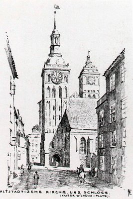Старая Альтштадтская церковь и замок из литографической папки Фридриха Ларса «Кёнигсберг в 18 столетии»