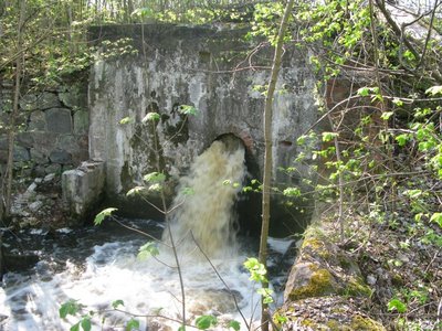 водосброс со шлюза с остатками фундамента от водяной мельницы