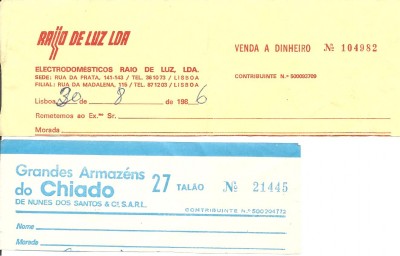 Чеки из магазинов Лиссабона.1986 год