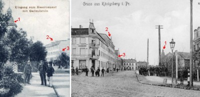 Pionier strasse . <br />Слева - вид со стороны казарм .<br />Справа-вид со стороны Koenigs allee.