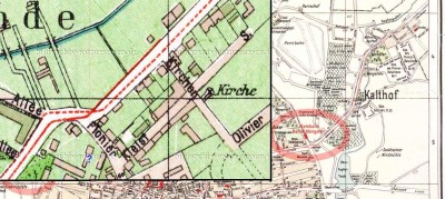 Трамвайные пути ( =пути для конки)  идут только до Kalthof Kirchen strasse .<br />Левая карта взята из Бильдархива и называется  Kalthof 1912 .