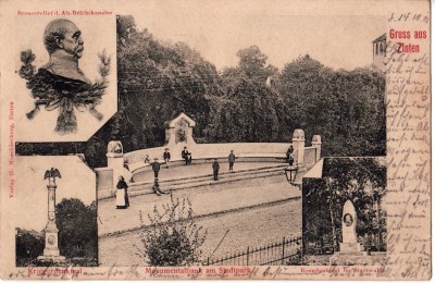 Zinten-Mehrbild-Stadtpark-Denkmal-Bismarck-Roon-gel-1901.JPG