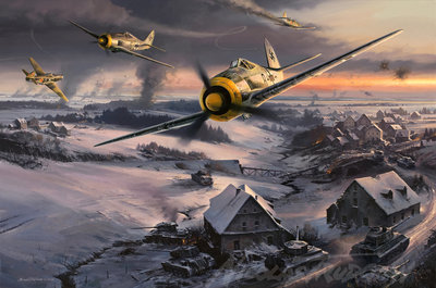 Fw 190 из JG51 оказывать поддержку бронетехнике, вырывающийся из крепости Кенигсберг, в осажденной Восточной Пруссии, февраль 1945 г. и отвлекает Як-3 из знаменитой эскадрильи Нормандия-Неман..jpg