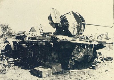 Смонтированная на полугусеничном транспортере 20-мм автоматическая пушка, подбитая на восточной окраине Вилковишкен.