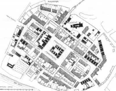 Grundriss der zerstoerten Stadt im 1. Weltkrieg. Die dunkel gezeichneten Haeuser weisen Kriegssch.jpg