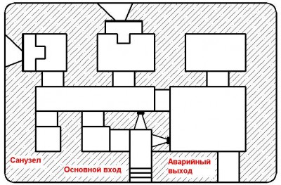 Схема помещений ДОТа. Габаритный размер ДОТа 8х6 м (ориентировочно).