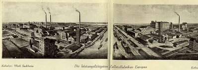 слева - целлюлозная фабрика в Закхайме,  справа - в Коссе
