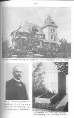 Вилла Хайтмана, построенная в 1904 году (сверху);<br />Портрет Фридриха Хайтмана (слева);<br />Могила Фридриха Хайтмана (справа)
