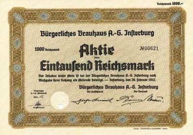 Акция BÜRGERLICHES BRAUHAUS A. G. INSTENBURG на 1000 рейхсмарок.
